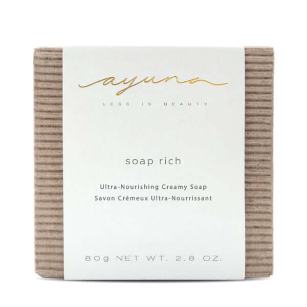 Ayuna Soap Rich 80g, ambachtelijke en voedende zeep voor een gevoelige huid, met een luxe uitstraling en natuurlijke verpakking.