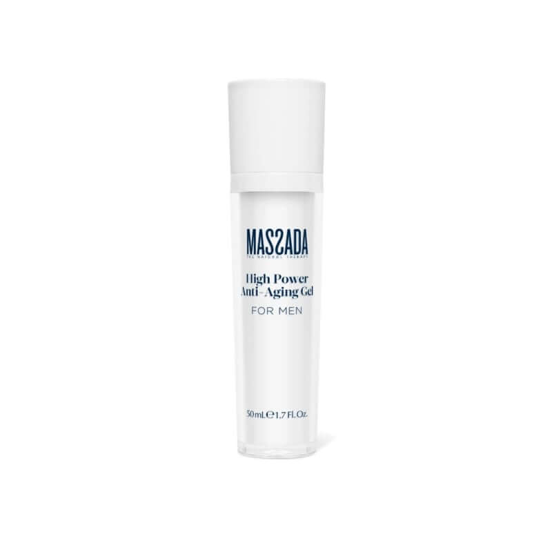 Massada - High Power Anti-Aging Gel 50ml in een strak, wit flesje voor mannen, gericht op anti-rimpel en huidverjonging.