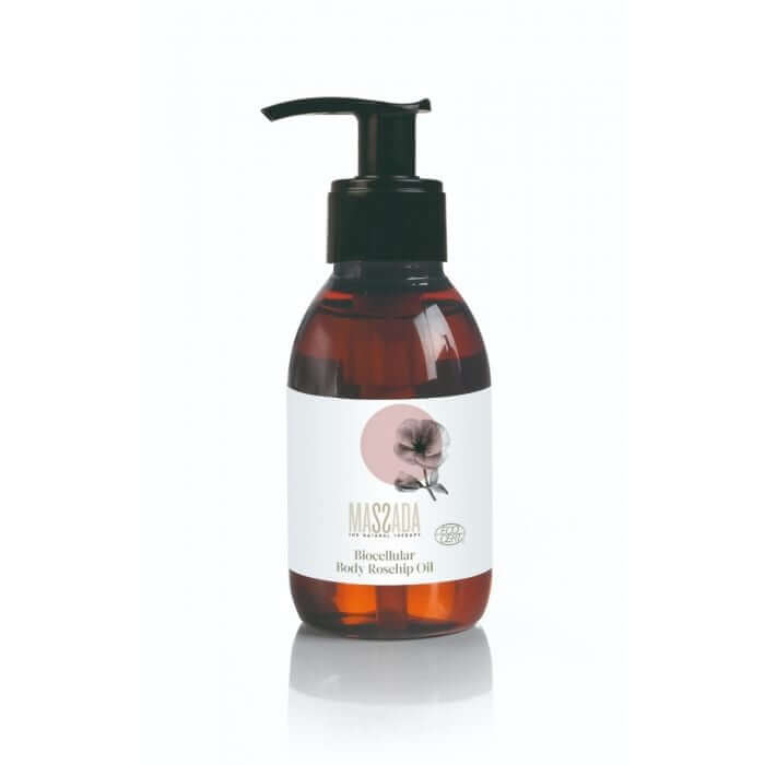 Massada BioCellular Body Rosehip Oil 100ml in een stijlvolle fles met pompsysteem voor optimale hydratatie en herstructurering.