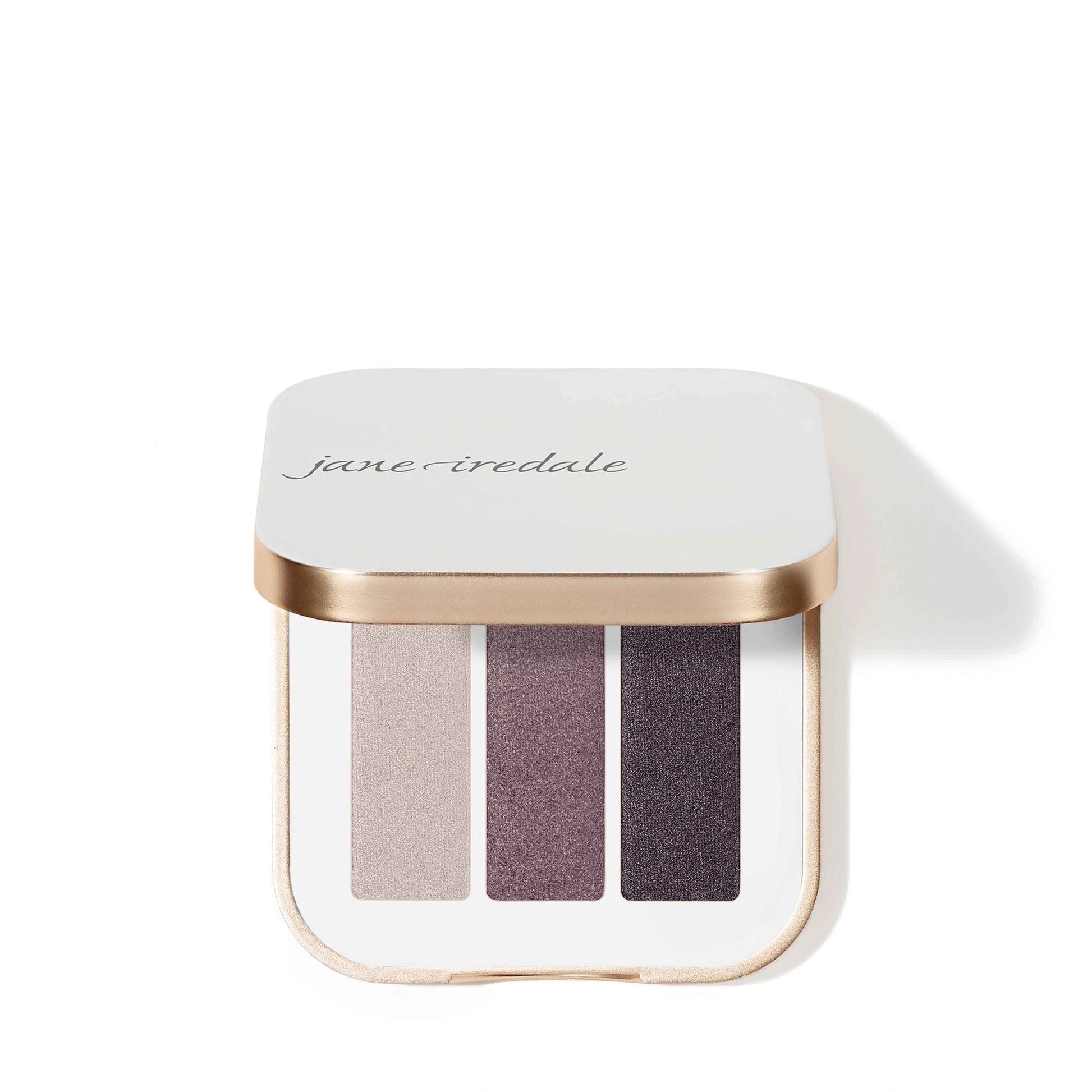 Jane Iredale PurePressed Eye Shadow Triple Sundown 2,1g met pale pearl grijs en shimmery grijs tinten voor een koele glans.