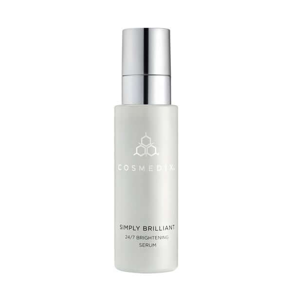 Cosmedix Simply Brilliant 24/7 Brightening Serum 30ml in een moderne fles voor het verminderen van pigmentvlekken.