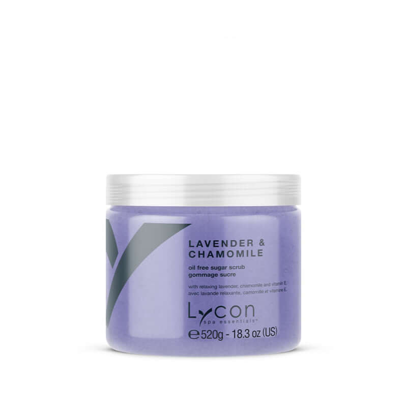 Lycon - Lavender & Chamomille Sugar Scrub 520gr, luxe olievrije scrub in een paarse verpakking met ontspannende lavendel.