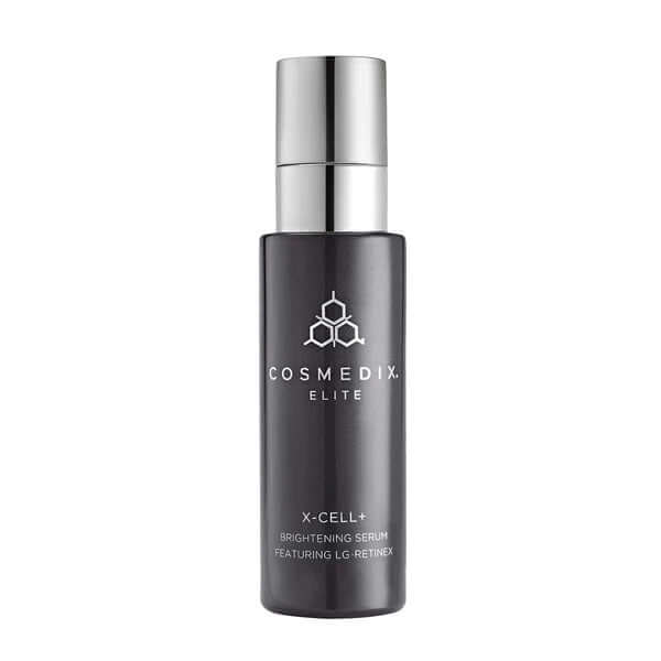 Cosmedix Elite X-Cell+ Brightening Serum 30ml in elegante fles met pomp, ideaal voor huidverzorging en voorbereiding op behandelingen.
