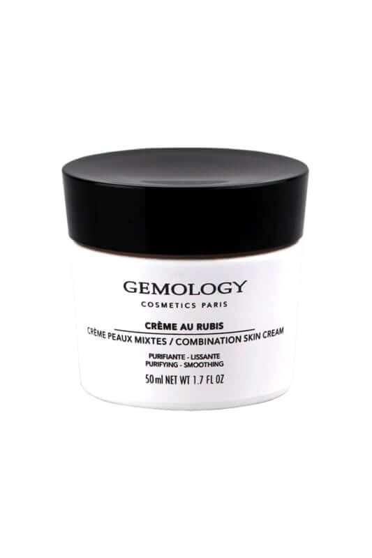 Gemology - Ruby Skin Cream 50ml in een lichte pot met zwarte deksel, purifieert en verzacht de huid.
