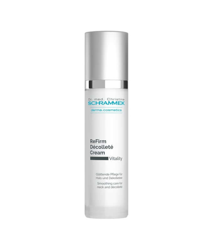 Schrammek ReFirm Decollete Cream 50ml in een stijlvolle flacon voor versteviging van hals en décolleté.