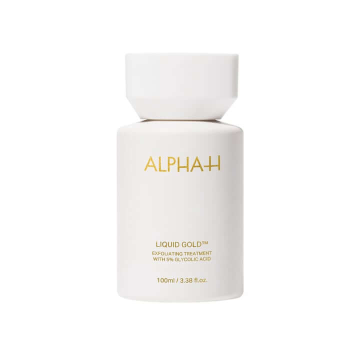 Alpha-H Liquid Gold Exfoliating Treatment 100ml in een elegant flacon, ontworpen voor revitalisatie van de huid met glycolzuur.