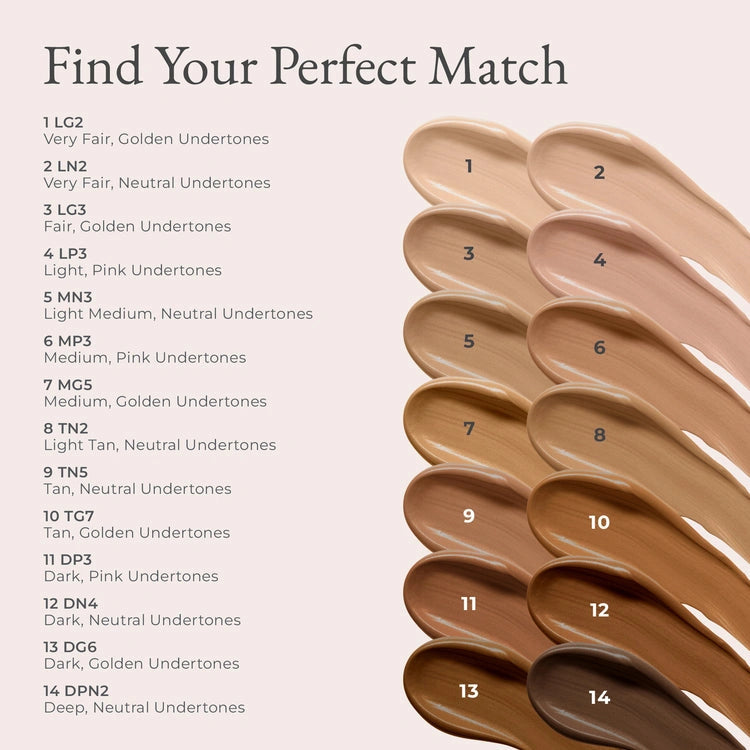 Kleurstaaltjes voor PUR 4-in-1 Tinted Moisturizer SPF20 Tan TN5 50g met verschillende huidtinten en ondertonen.