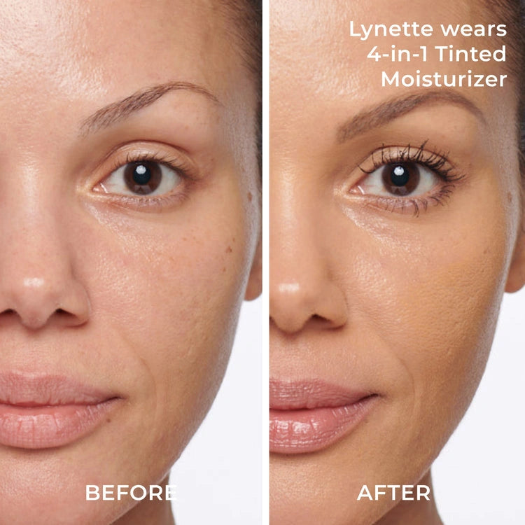 PUR 4-in-1 Tinted Moisturizer SPF20 Tan TN5 50g voor een egale huid, voor en na effect op model Lynette.