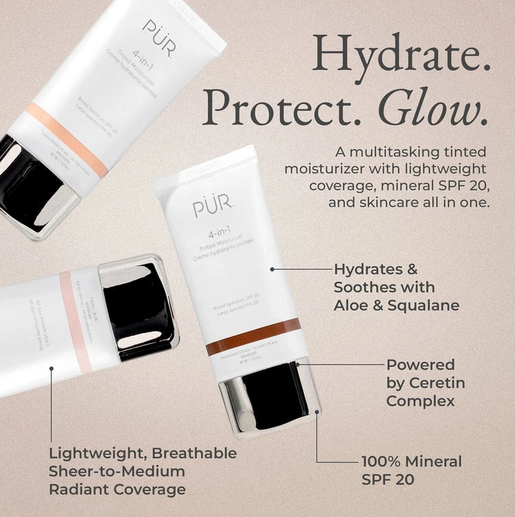 PUR 4-in-1 Tinted Moisturizer SPF20 Tan TN5 50g hydrateert, beschermt en verheldert met mineralen SPF 20 en lichte dekking.