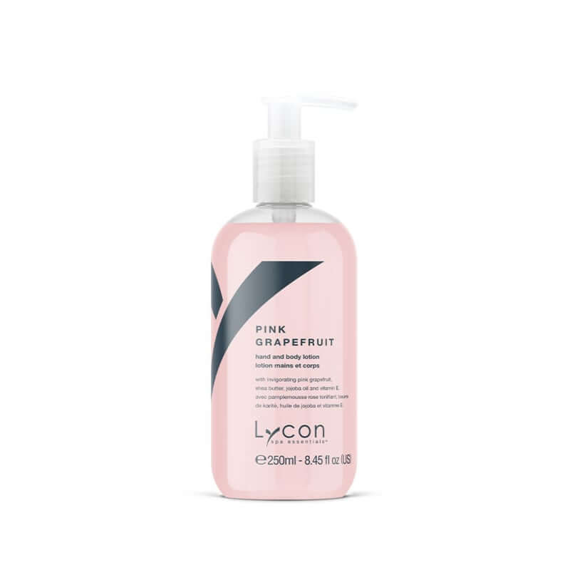 Lycon Pink Grapefruit Hand & Body Lotion 250ml in een stijlvolle pompfles, hydraterende formule voor zachte huid.