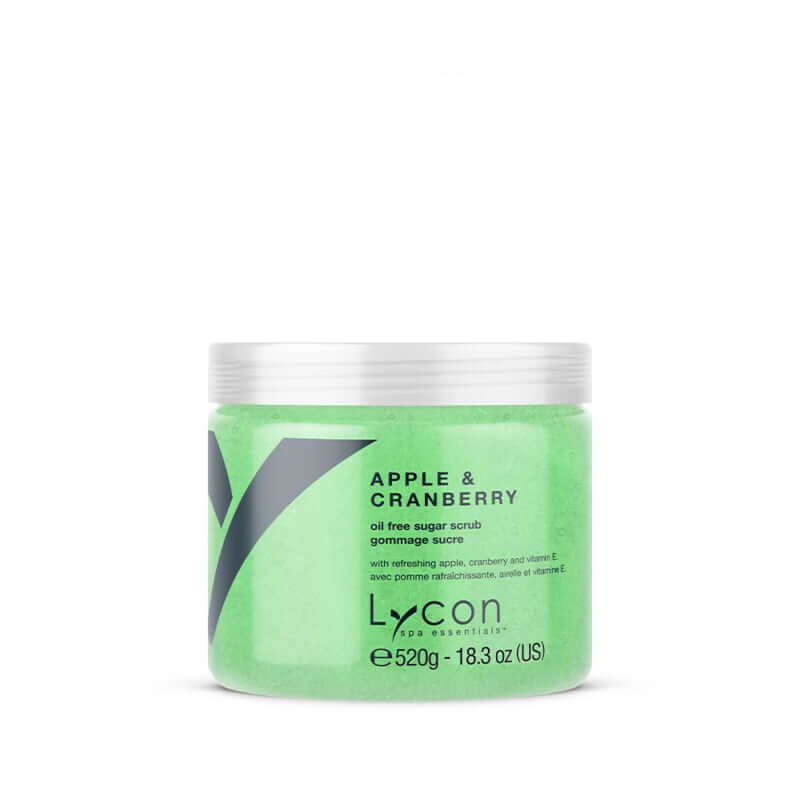 Lycon - Apple & Cranberry Sugar Scrub 520gr, luxe olievrije scrub met frisse appel- en cranberry-extracten, perfect voor huidverzorging.