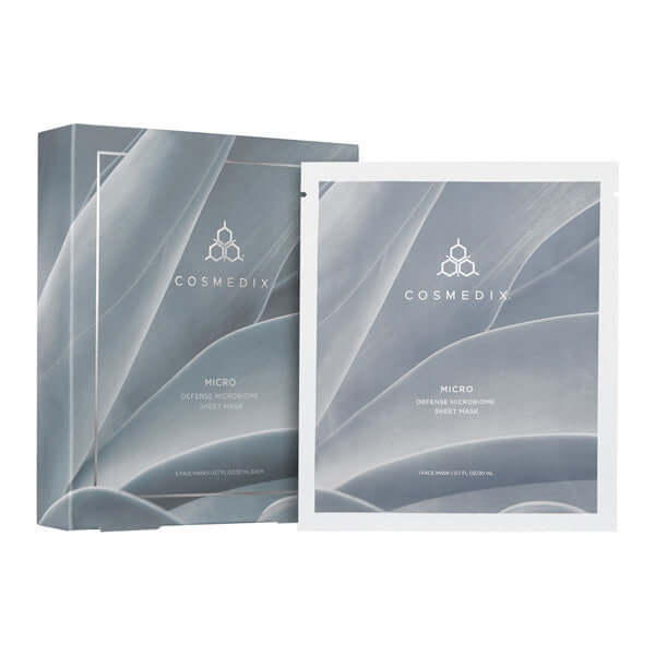 Cosmedix Micro Sheet Mask Microbiome Set 5pc met stijlvolle verpakking en sheet mask voor hydratatie en balans.
