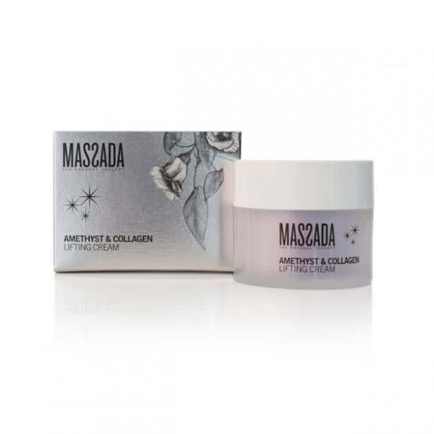 Massada Amethyst & Collagen Lifting Cream 50ml met luxe verpakking en gladde crème textuur voor anti-aging.