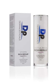 DP Dermaceuticals Vitamin Rich Repair 30ml in elegante verpakking, hydrateert en herstelt de gevoelige huid.