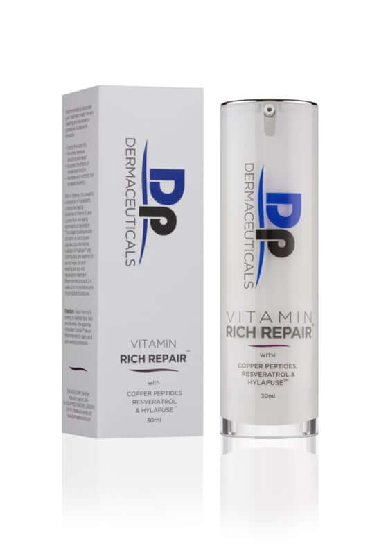 DP Dermaceuticals Vitamin Rich Repair 30ml in elegante verpakking, hydrateert en herstelt de gevoelige huid.
