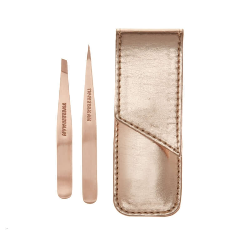 Tweezerman - Petite Tweeze Set Rose Gold met scherpe en schuine pincetten in elegante rose gouden etui.