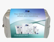 DP Dermaceuticals - Clear Skin Starter Kit met essentiële producten voor probleemhuid, gepresenteerd in zilveren tas.