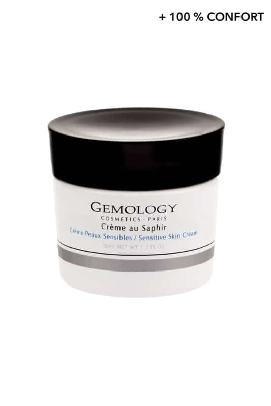 Gemology - Sapphire Cream 50ml, een luxe gezichtscrème in een elegant jar voor gevoelige huid, hydraterend en kalmerend.