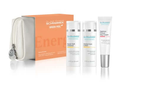 Dr Schrammek Green Peel Home Care Set Energy Vitality met huidverzorgingsproducten in stijlvolle verpakking voor energie en vitaliteit.