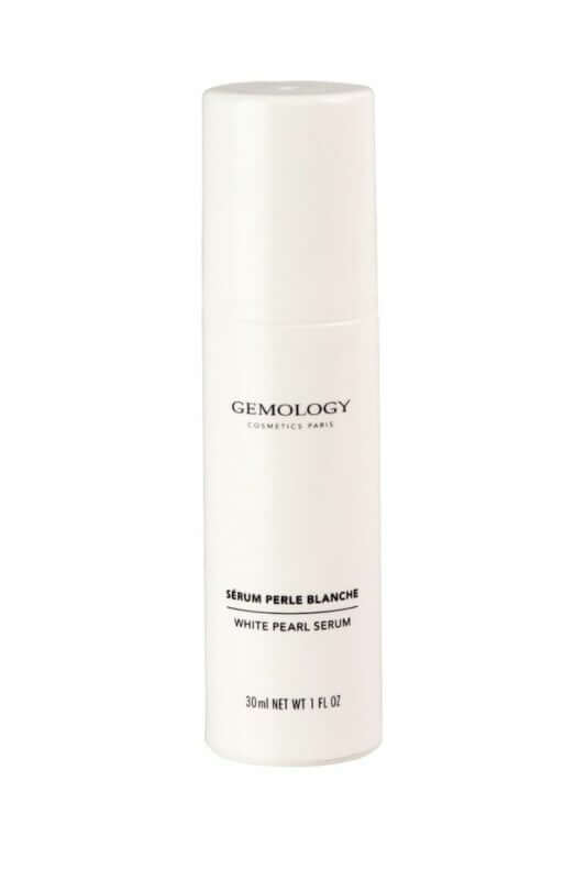 Gemology - White Pearl Serum 30ml in een elegante witte fles voor een porseleinen teint en vermindering van rimpels.