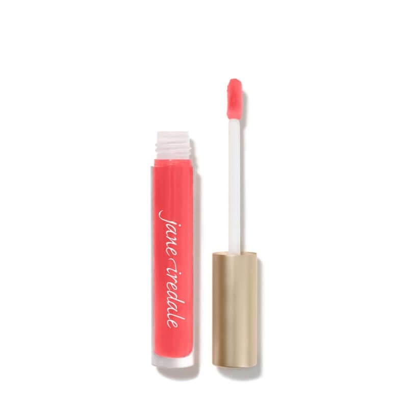 Jane Iredale HydroPure™ Hyaluronic Lip Gloss - Spiced Peach 3.75g met applicator, levendige koraalkleur en luxe gouden verpakking.