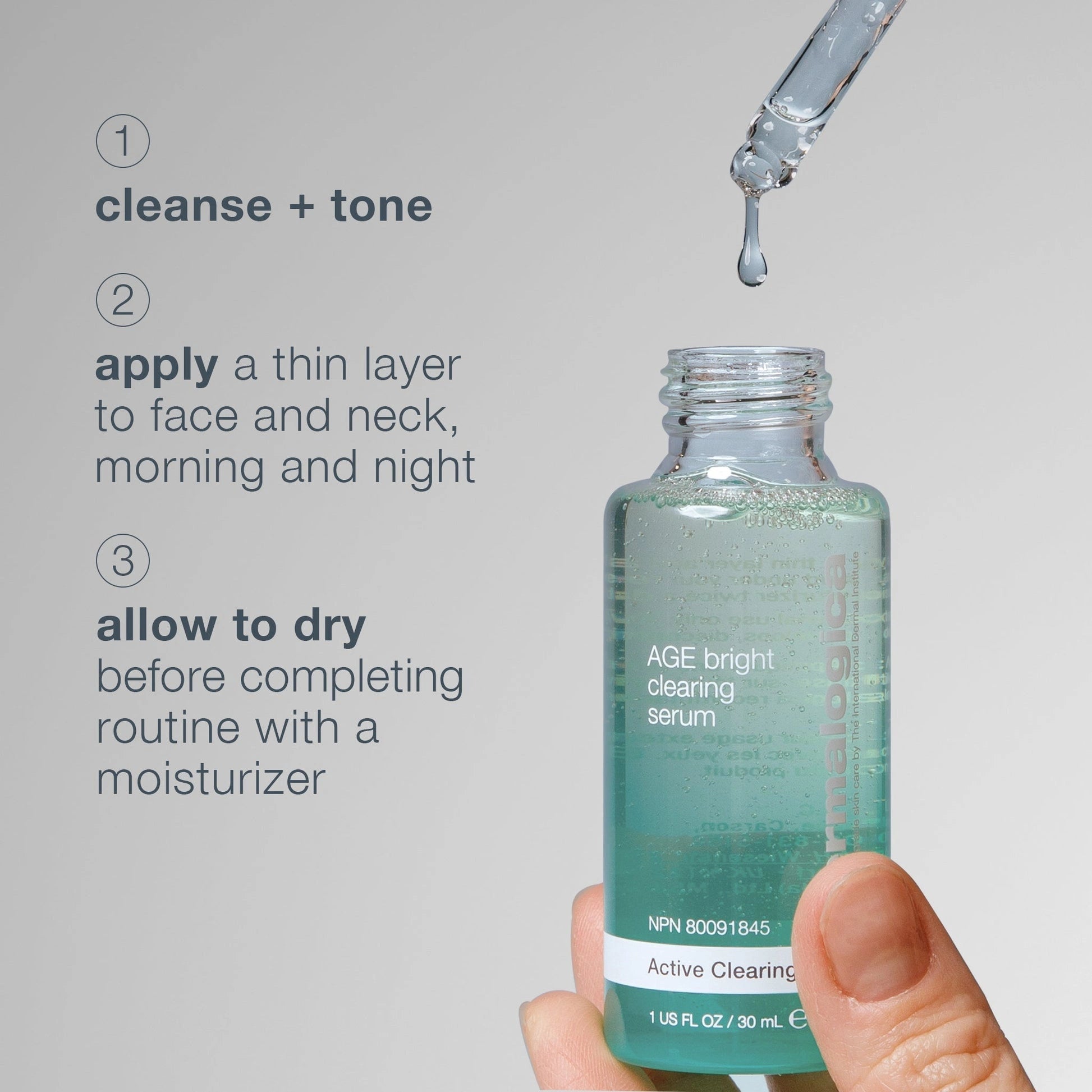 Dermalogica AGE Bright Clearing Serum 30ml in hand, showcasing instructions for use to tackle acne and aging.