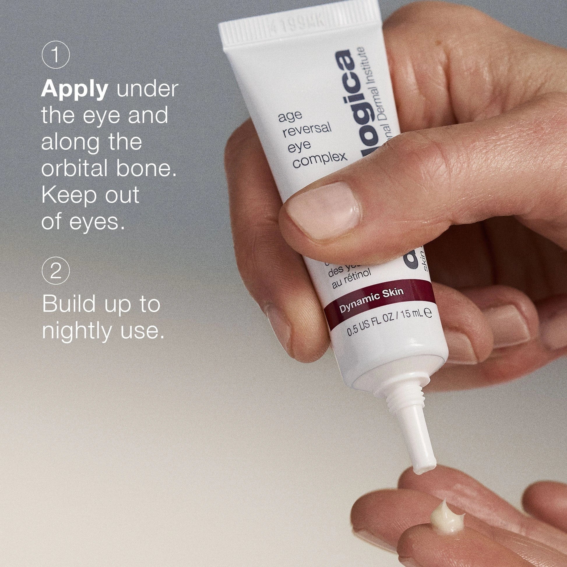 Dermalogica AGE Reversal Eye Complex 15ml in hand with application instructions for reducing fine lines and dark circles