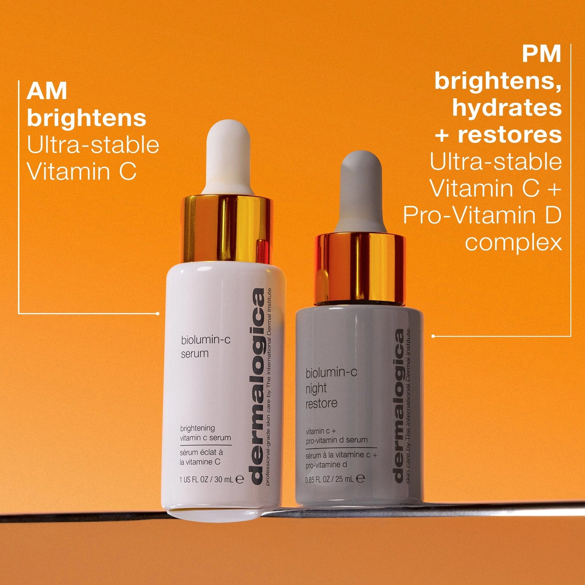 Dermalogica BioLumin-C Serum 59ml en Biolumin-C Night Restore in gebruik voor hydraterende huidverzorging.
