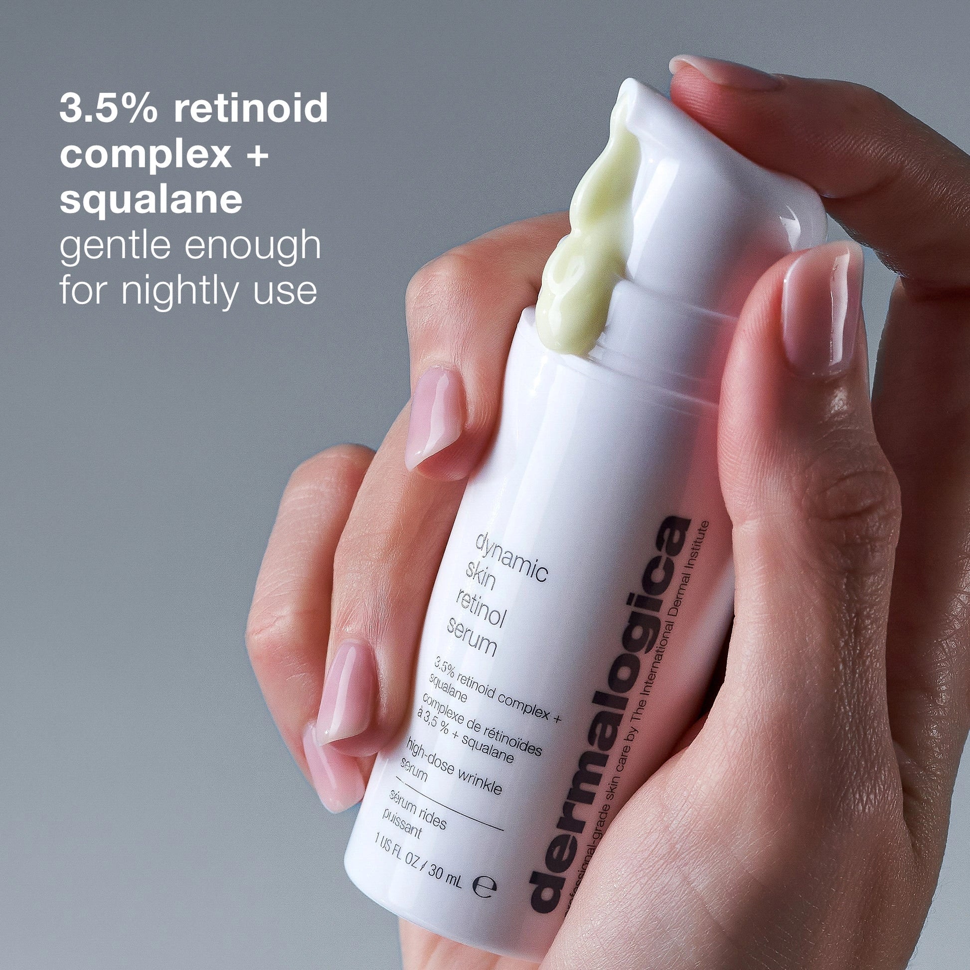 Dermalogica Dynamic Skin Retinol Serum 30ml in hand, showcasing retinoid complex and squalane for nightly use against wrinkles.