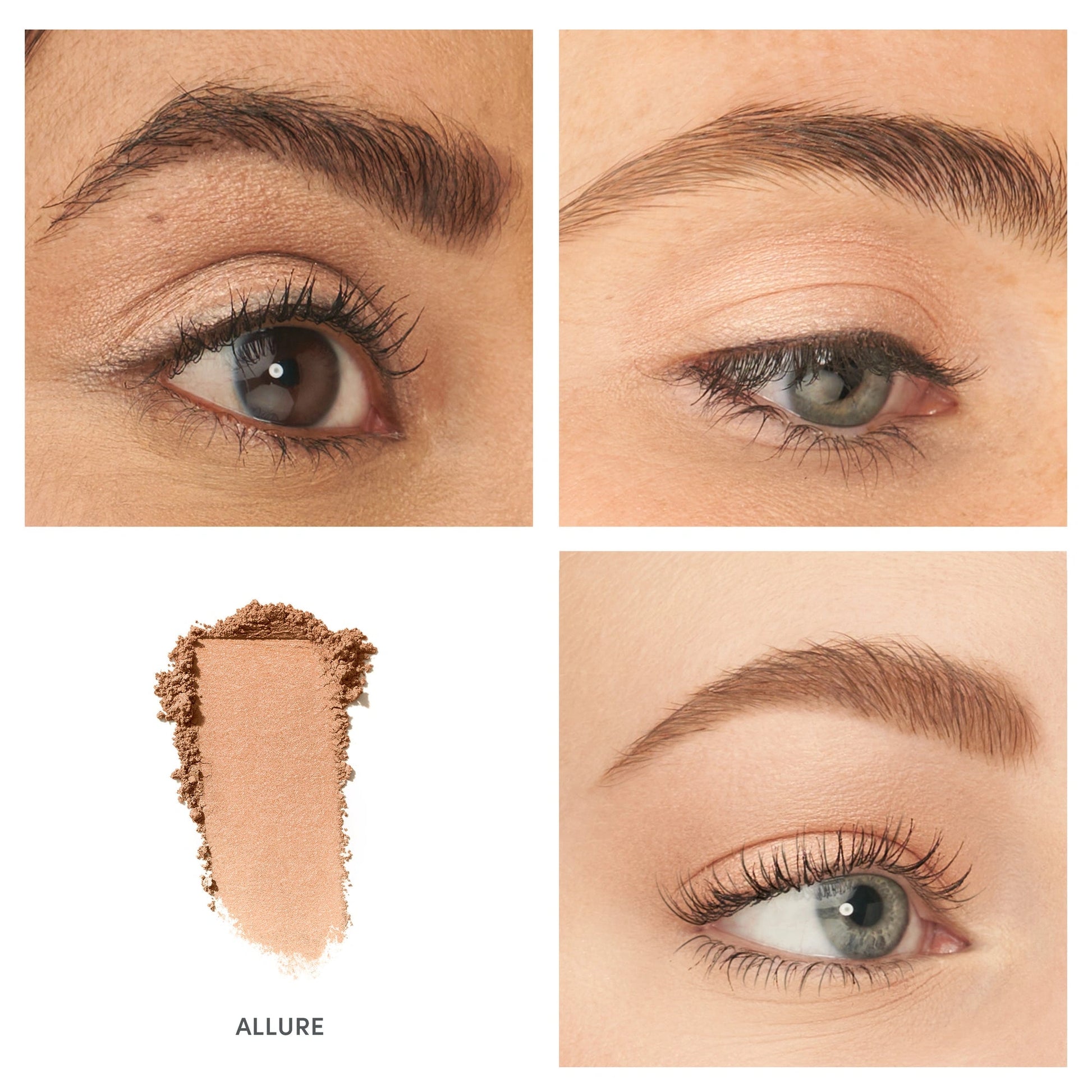 Jane Iredale PurePressed Eye Shadow Single Allure 1,3g op ogen en swatch van shimmery lichtperzik tint
