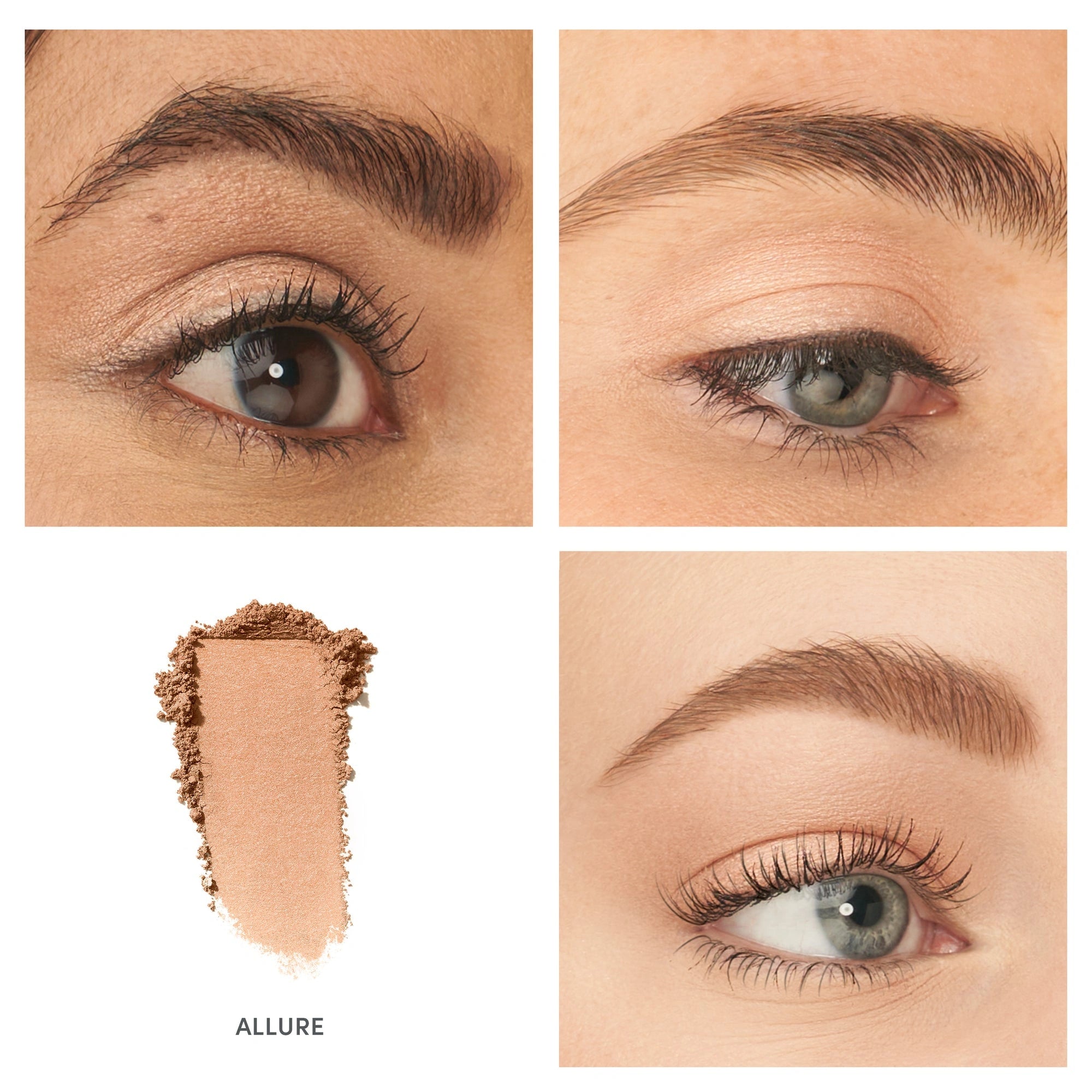 Jane Iredale PurePressed Eye Shadow Single Allure 1,3g op ogen en swatch van shimmery lichtperzik tint