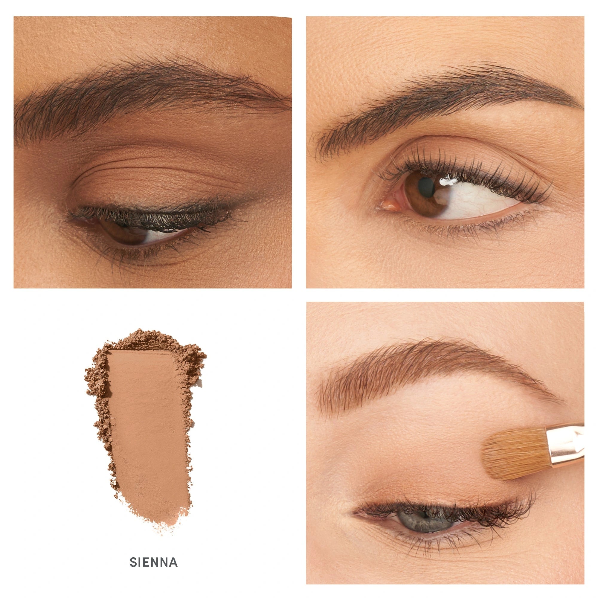 Jane Iredale PurePressed Eye Shadow Single Sienna 1,3g close-up van warme matte roestbruine oogschaduw en applicatie.