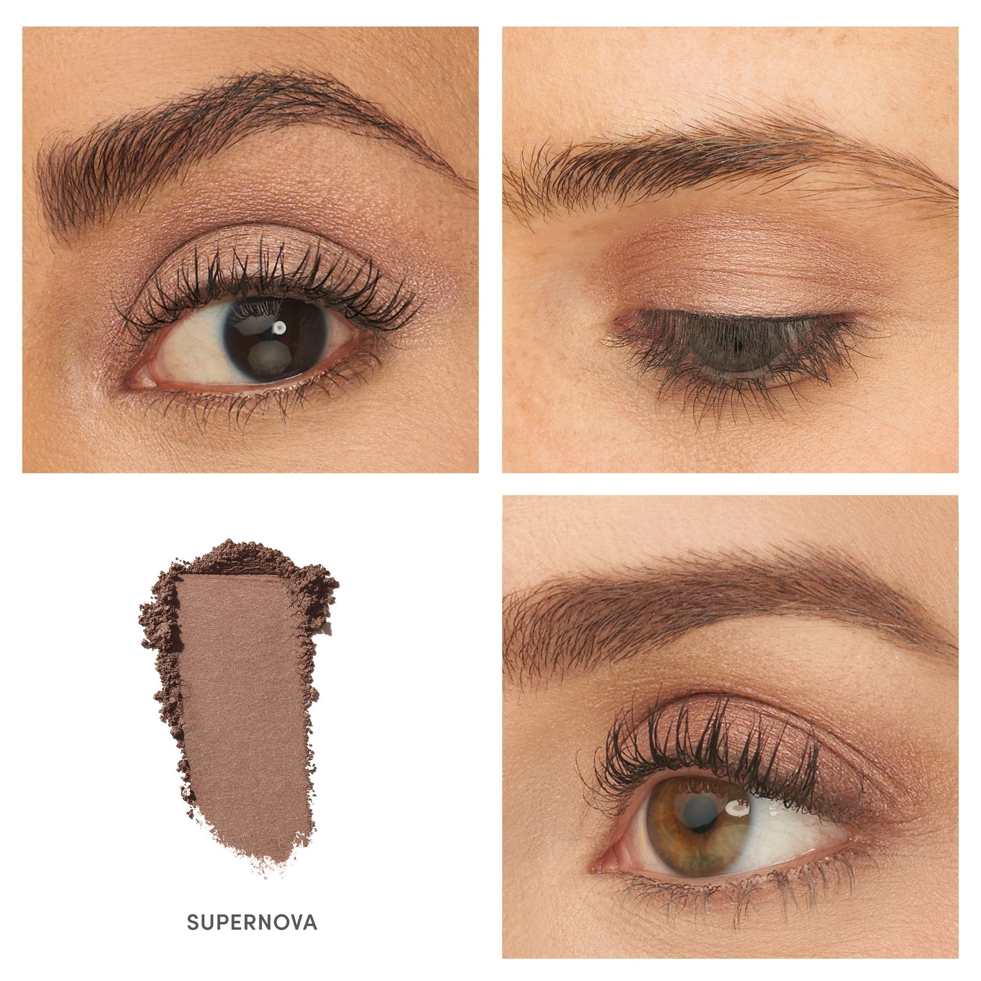 Jane Iredale PurePressed Eye Shadow Single Supernova 1,3g, shimmery koper-aubergine oogschaduw in close-up met applicatie op ogen.