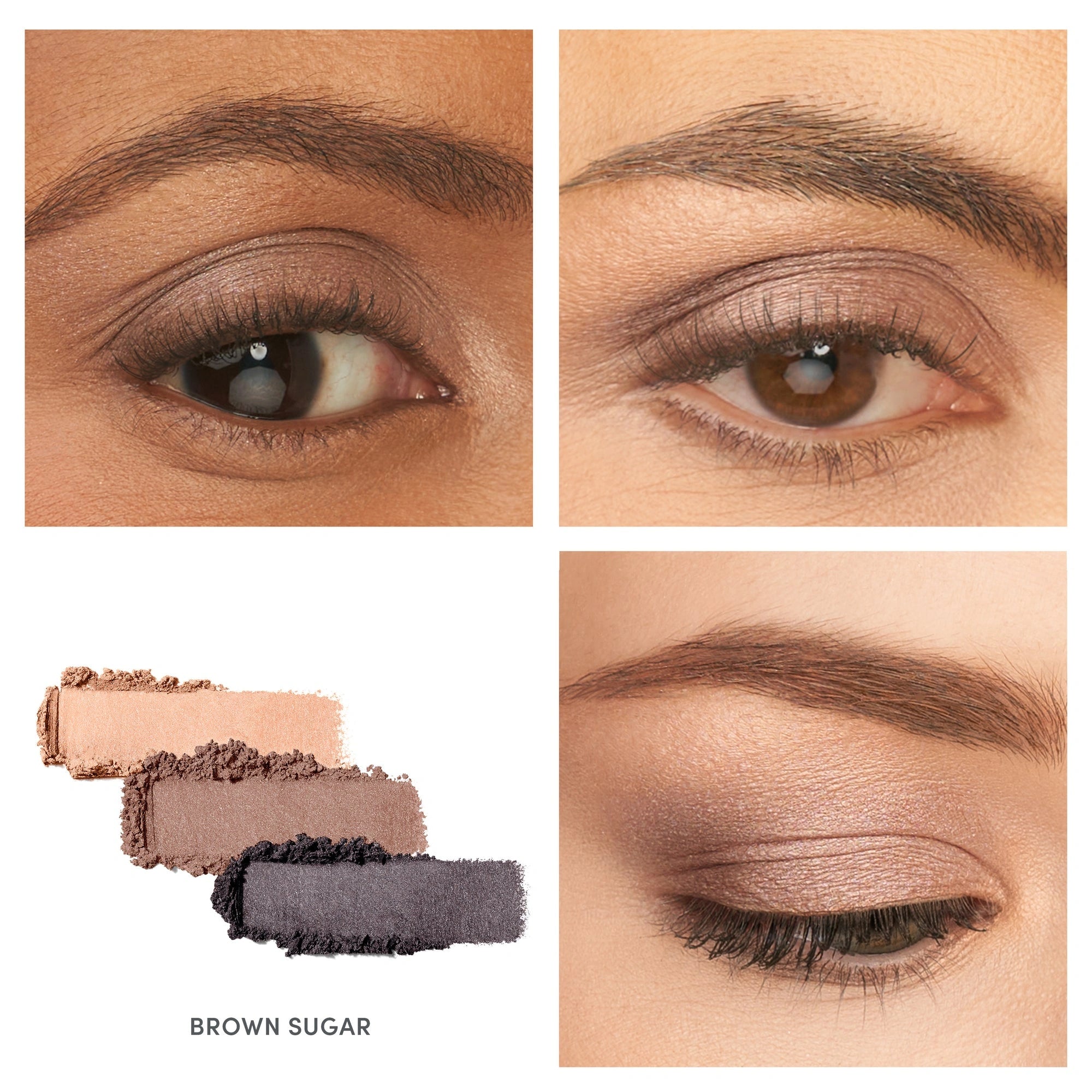 Jane Iredale PurePressed Eye Shadow Triple Brown Sugar 2,1g met glanzende perzik-, koper- en grijstinten op ogen