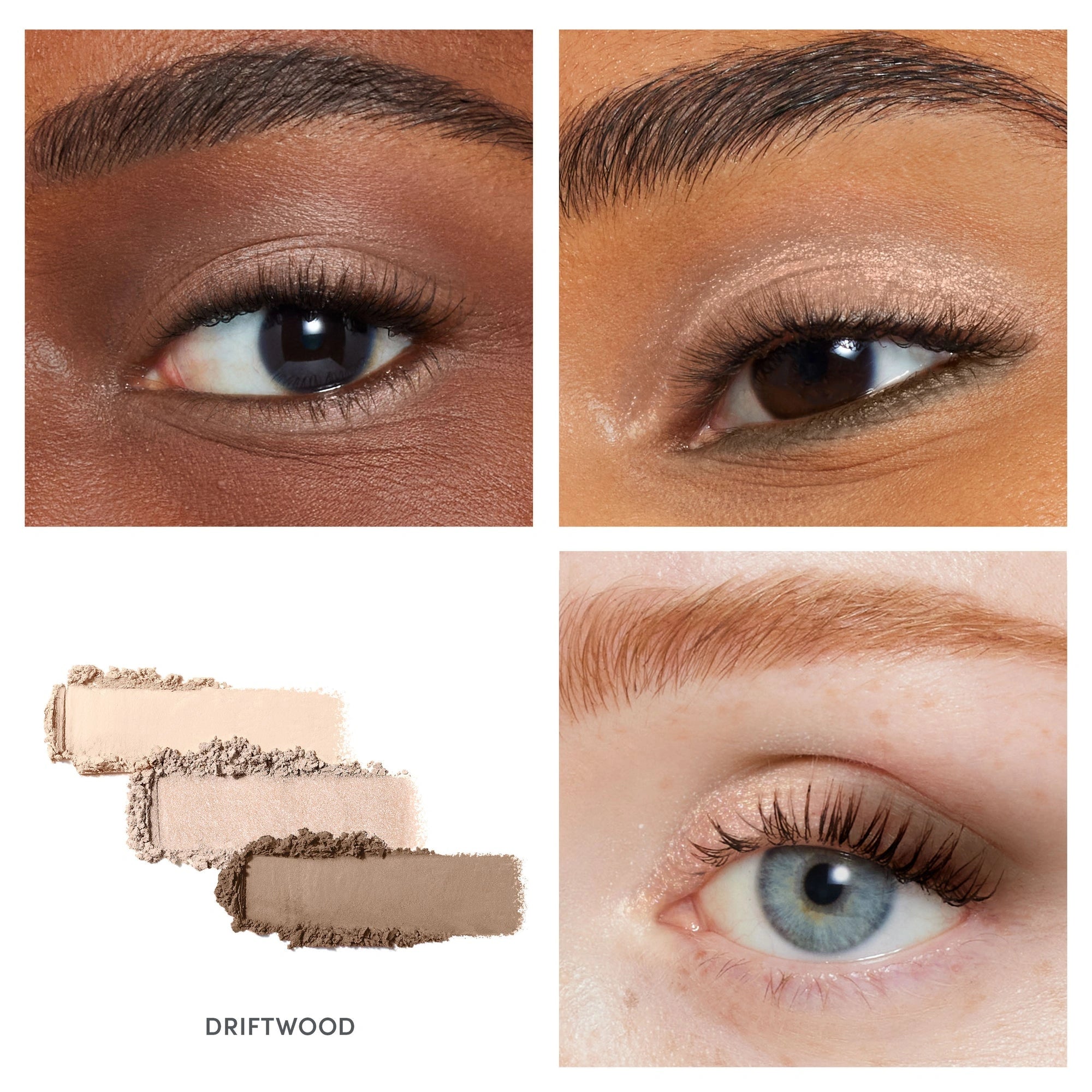 Jane Iredale PurePressed Eye Shadow Triple Driftwood 2,1g close-up van applicatie met matte ivoor, taupe en kastanjebruin tinten.