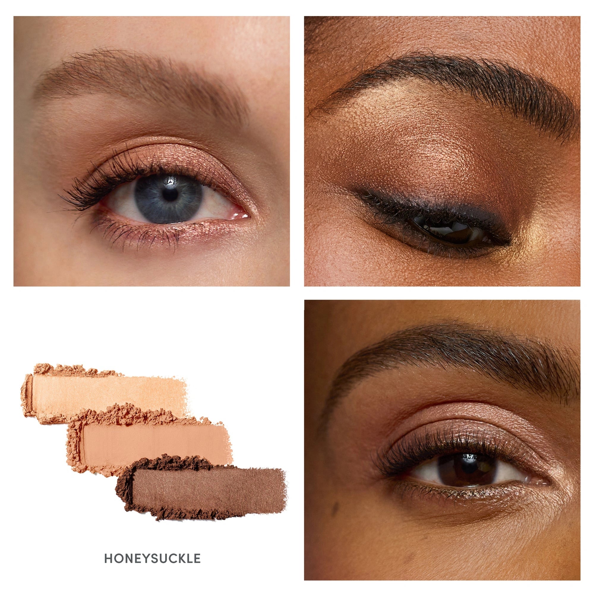 Jane Iredale PurePressed Eye Shadow Triple Honeysuckle 2,1g, ooglooks met metallic champagne, matte apricot en aardse bruin tinten.