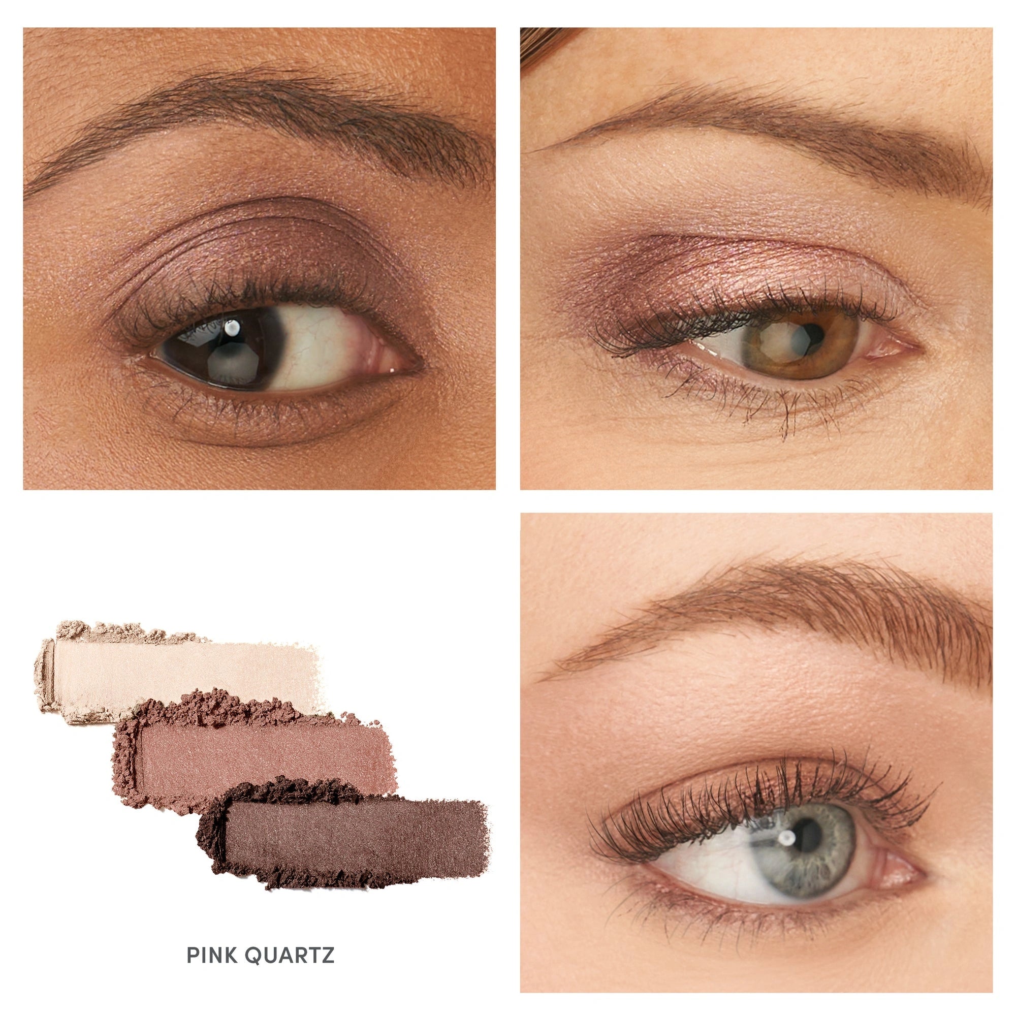 Jane Iredale PurePressed Eye Shadow Triple Pink Quartz 2,1g met details van matte roze en shimmery pruim oogmake-up looks.