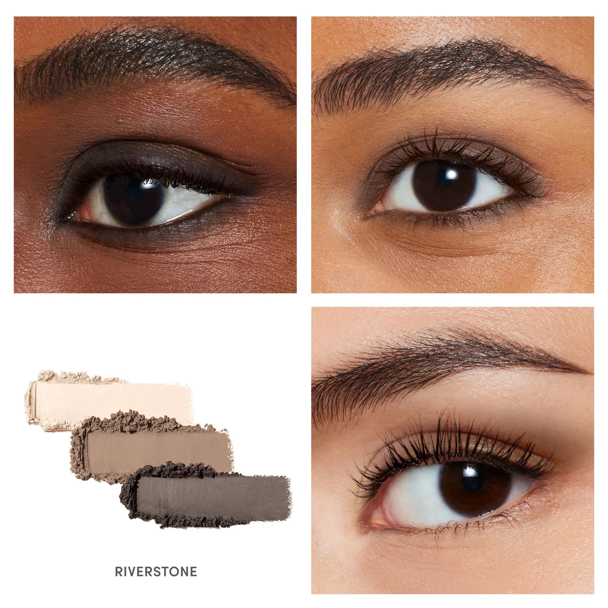Jane Iredale PurePressed Eye Shadow Triple Riverstone 2,1g met matte kleuren op verschillende huidtinten, oogmake-up details en kleuren swatches.