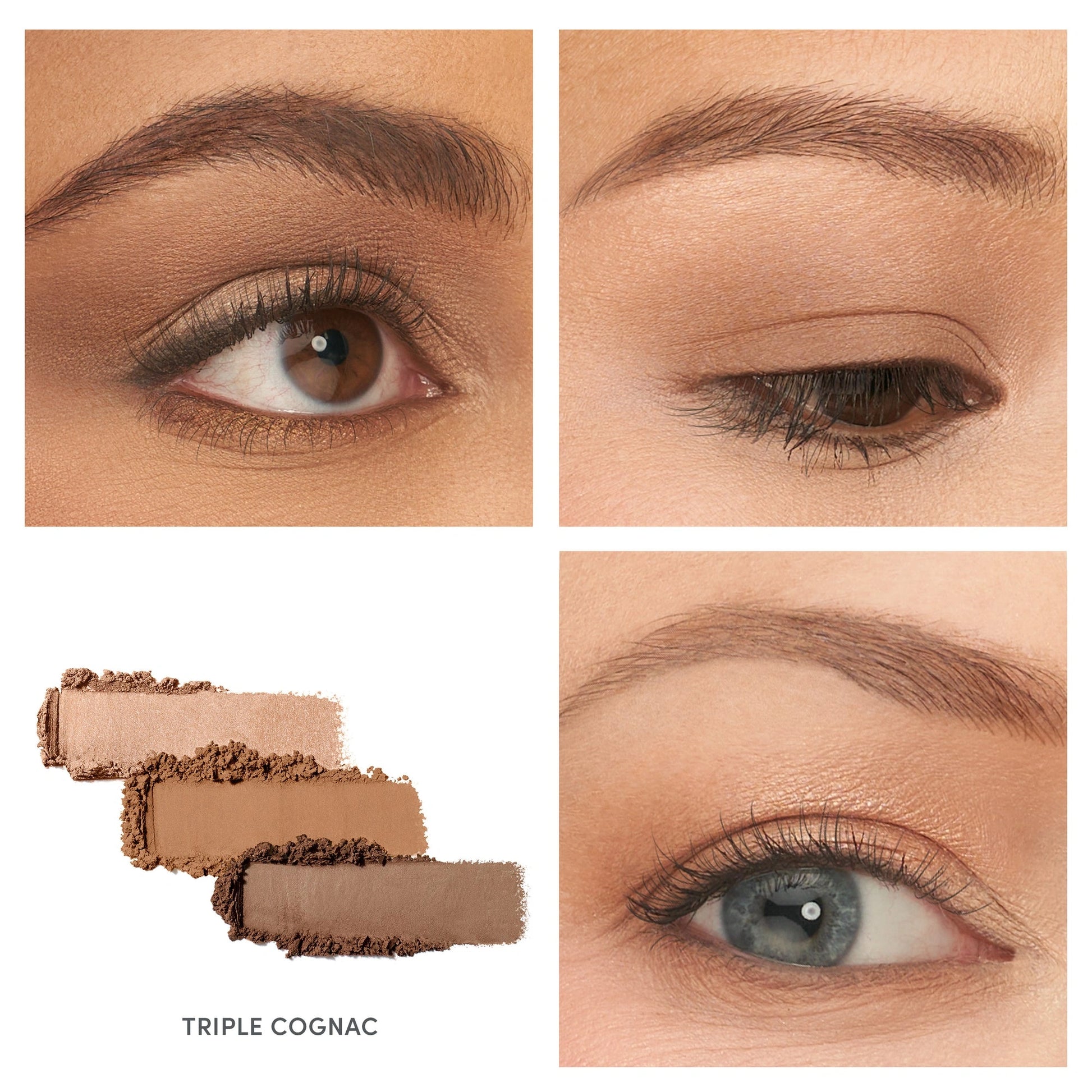 Jane Iredale PurePressed Eye Shadow Triple Cognac 2,1g close-up van warme bruintinten en een klassieke look op oogleden.