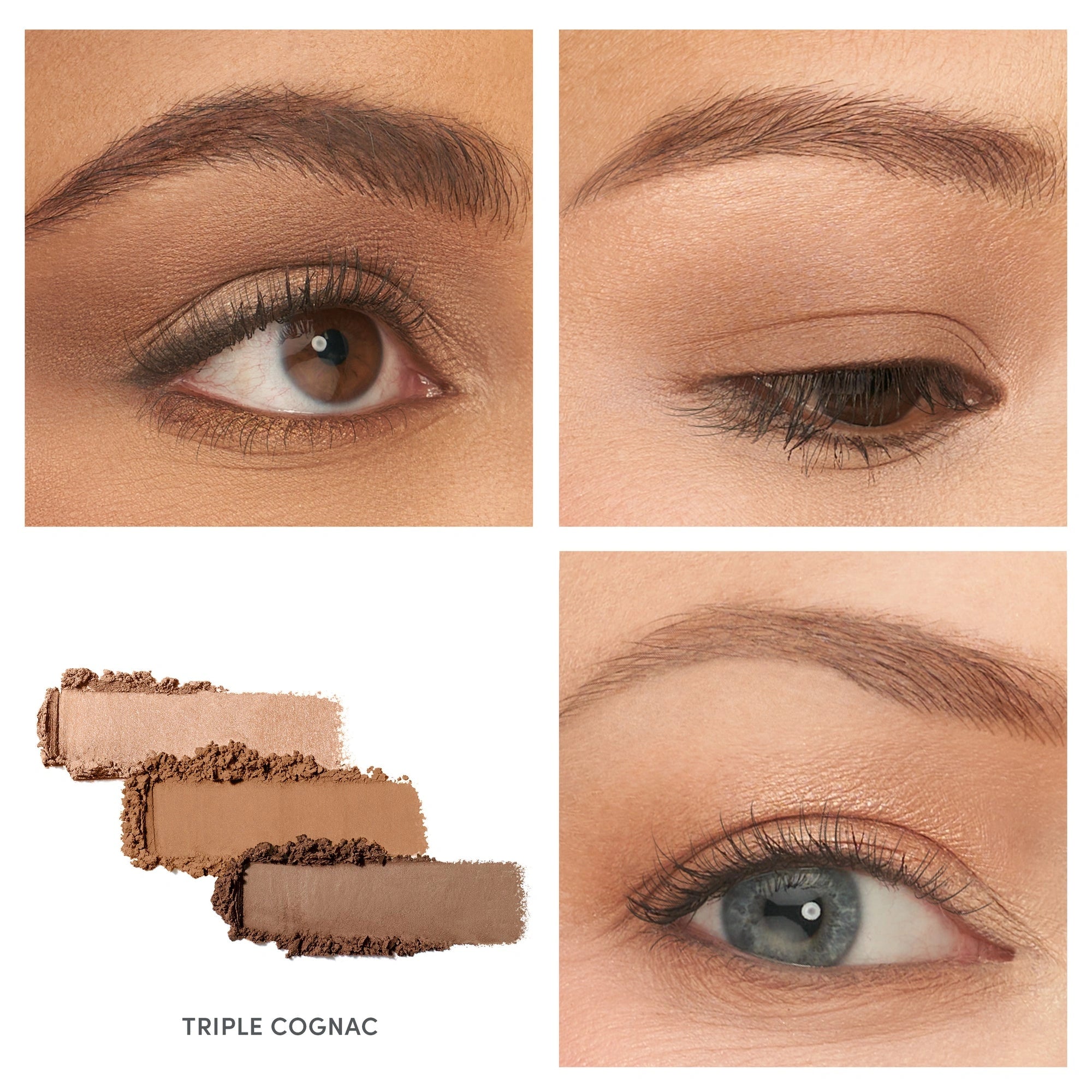 Jane Iredale PurePressed Eye Shadow Triple Cognac 2,1g close-up van warme bruintinten en een klassieke look op oogleden.