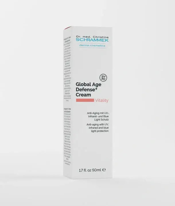 Dr Schrammek Global Age Defense+ Cream SPF30 50ml verpakking met bescherming tegen UVA, UVB en blauw licht.