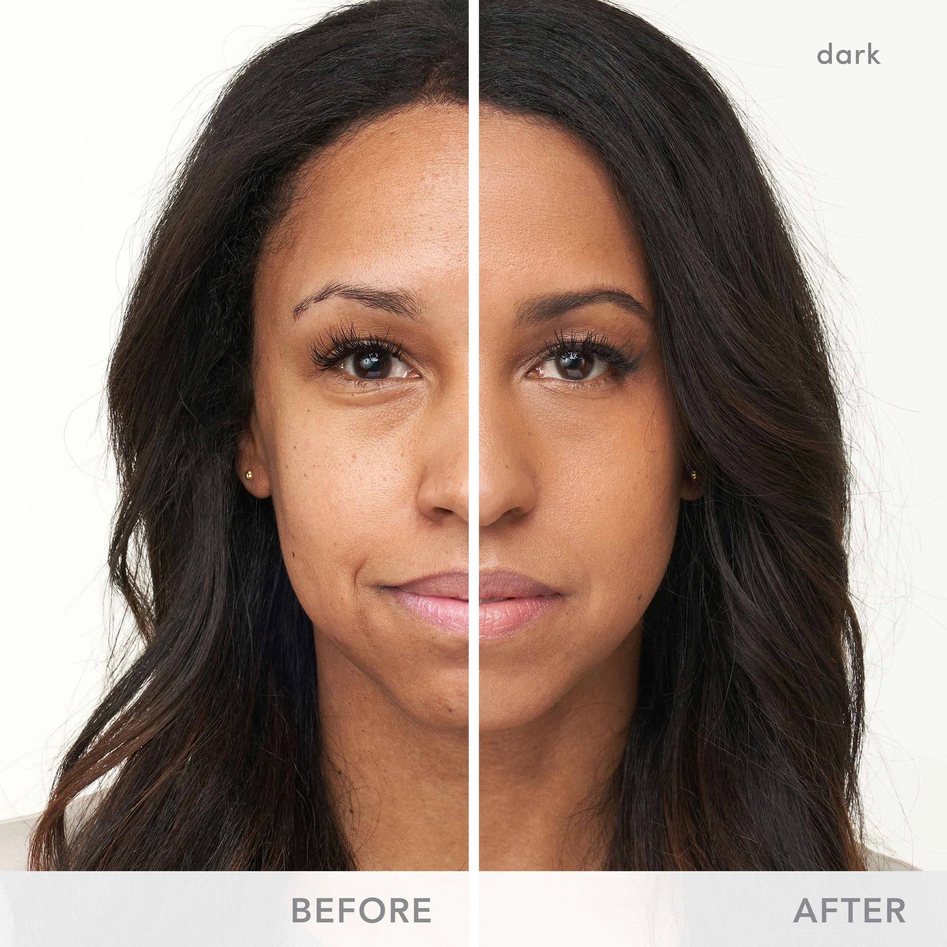 Jane Iredale Dream Tint® Tinted Moisturizer SPF15 Dark 50ml resultaat voor en na met stralende teint voor donkere huid.