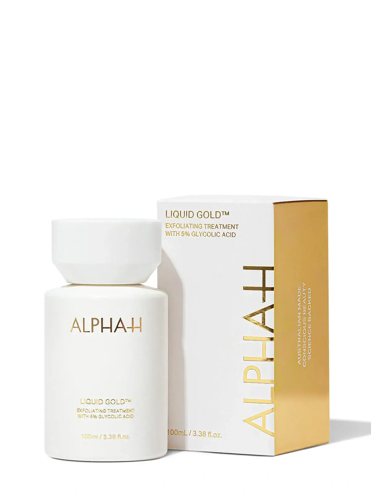 Alpha-H Liquid Gold Exfoliating Treatment 100ml verpakking met 5% glycolzuur voor een stralende huid.