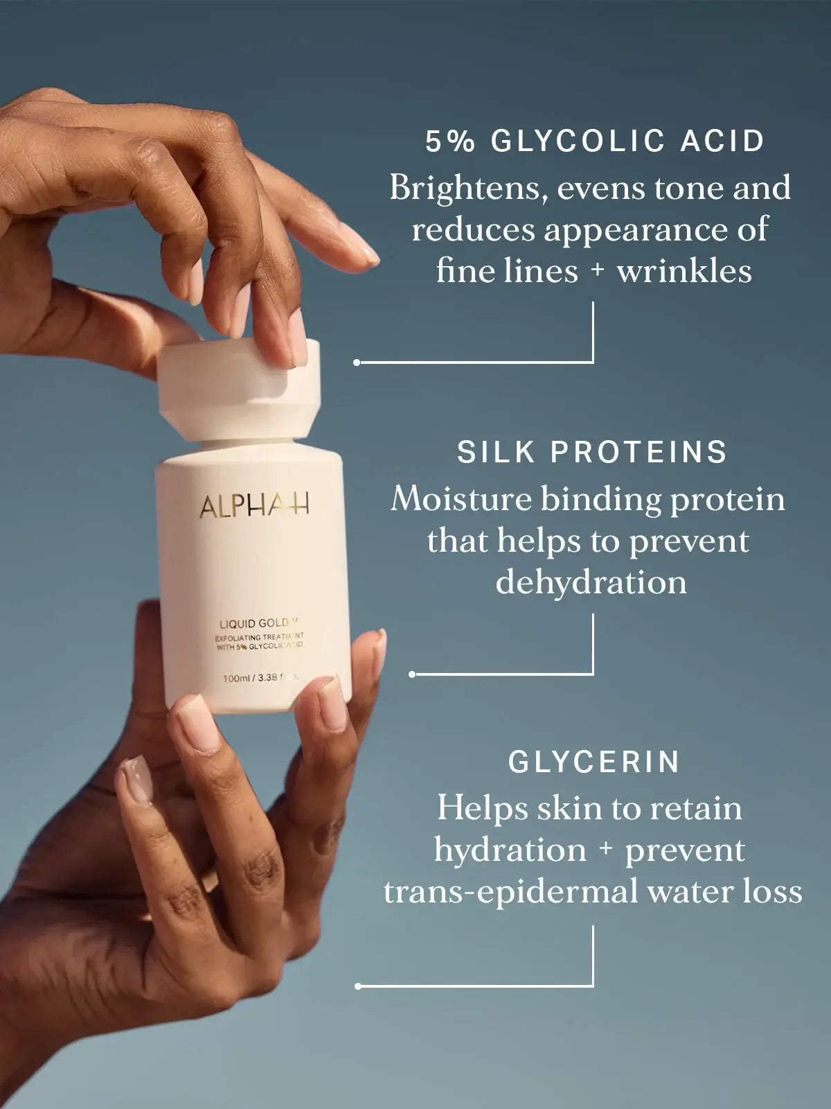 Alpha-H Liquid Gold Exfoliating Treatment 100ml in hand, highlighting benefits like 5% glycolic acid, silk proteins, and glycerin