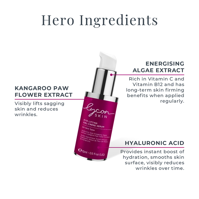 LYCON Skin Eye Lifting Gel-Crème Serum 15ml met ingrediënteninformatie voor het verminderen van fijne lijntjes en donkere kringen.