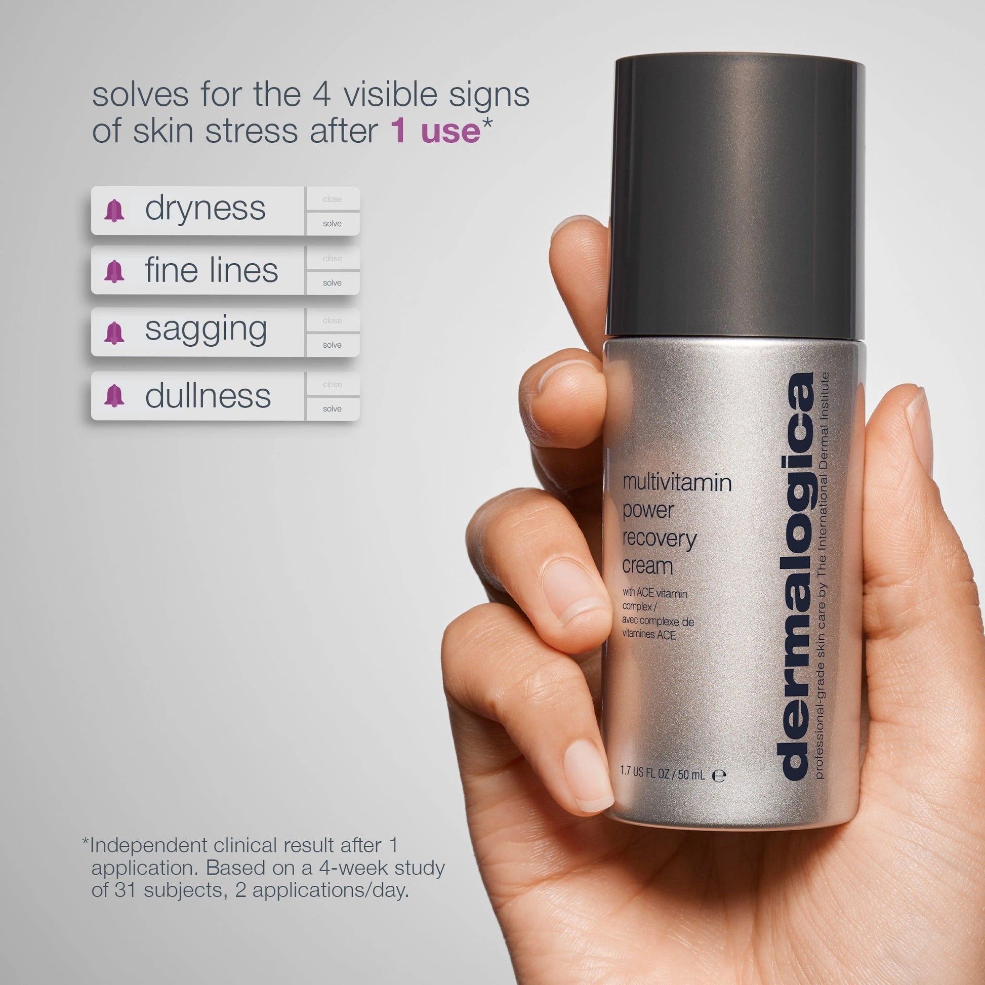 Dermalogica MultiVitamin Power Recovery Masque 15ml (travelsize) in hand met voordelen voor de huid zichtbaar: droogheid, fijne lijntjes, verslapping, dofheid.