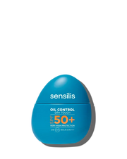 Sensilis Oil Control 50+ 40ml matterende zonnebescherming met SPF 50+ voor vette huid in blauwe verpakking.