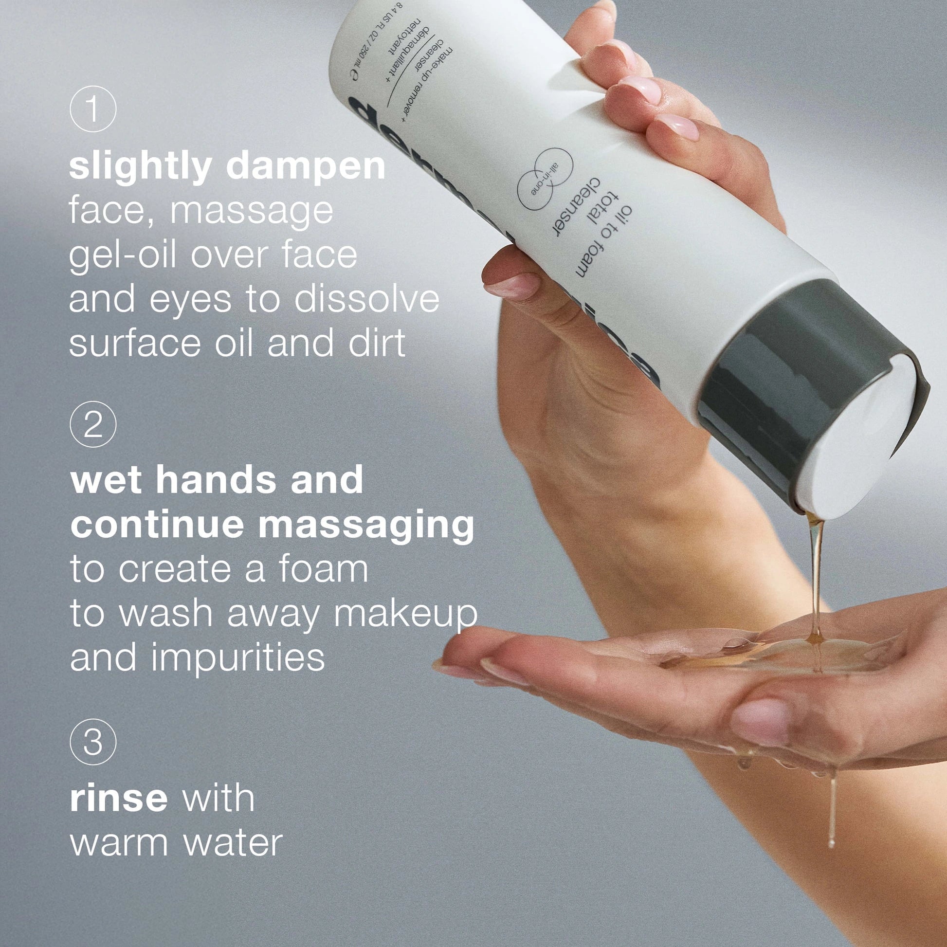 Dermalogica Oil to Foam Total Cleanser 250ml, stappen voor reinigen met gel-olie, make-up en onzuiverheden verwijderen.