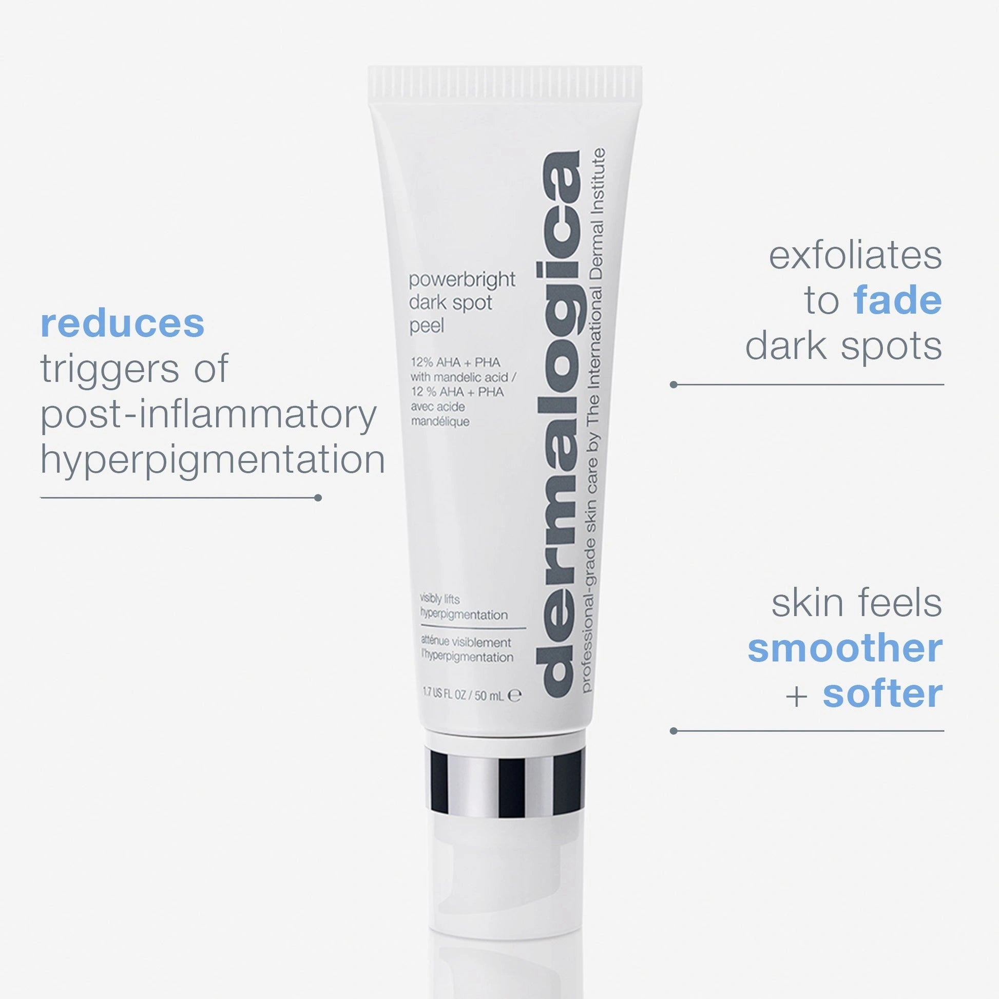 Dermalogica PowerBright Dark Spot Peel 50ml tube met informatie over het vervagen van donkere vlekken en het gladder maken van de huid.