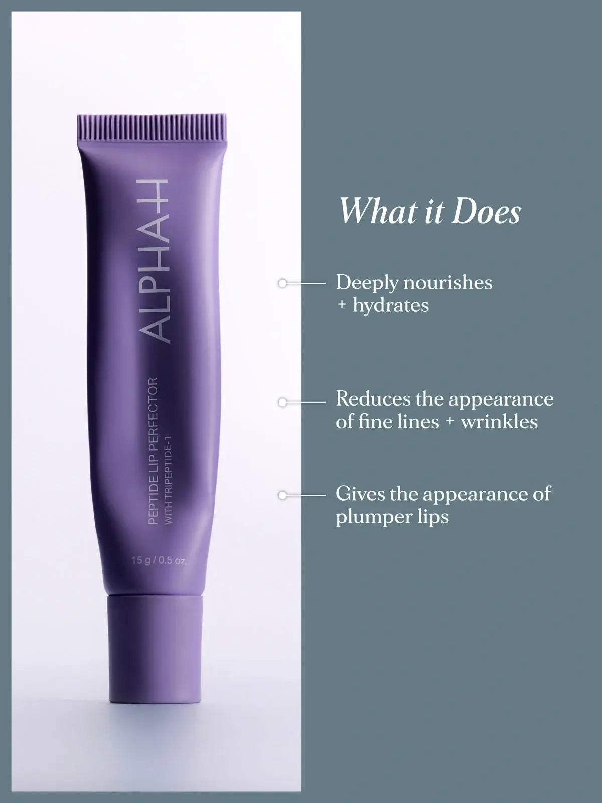 Alpha-H Peptide Lip Perfector 15ml in een paarse tube, voedt en hydrateert lippen voor een vollere uitstraling.